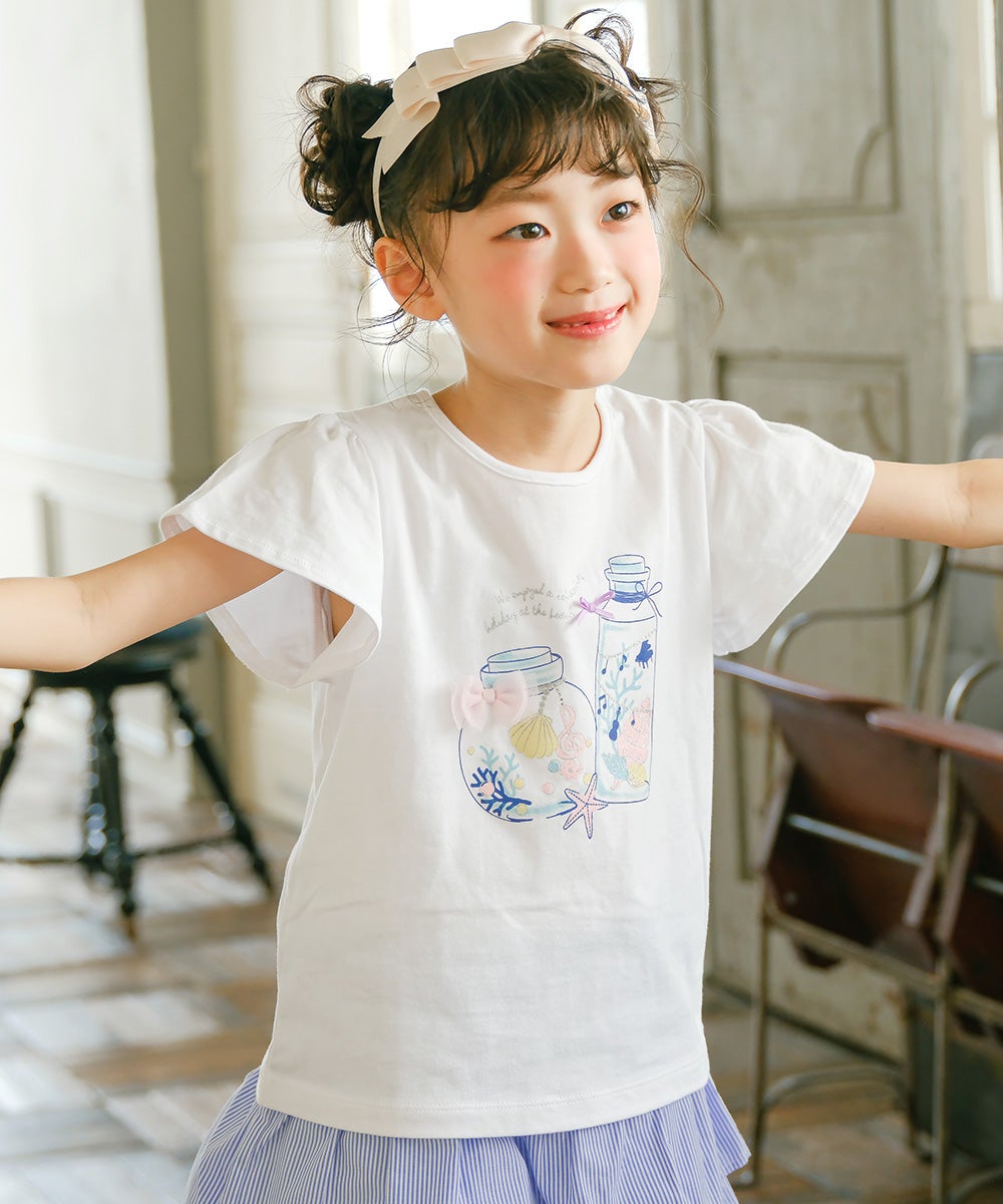 ベビー服 女の子 綿100％貝殻＆音符ガラス瓶プリントリボン付き　マリンテイスト