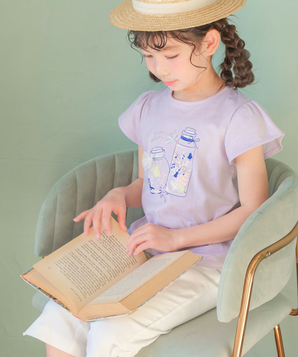 ベビー服 女の子 綿100％貝殻＆音符ガラス瓶プリントリボン付き　マリンテイスト パープル(91) モデル画像1