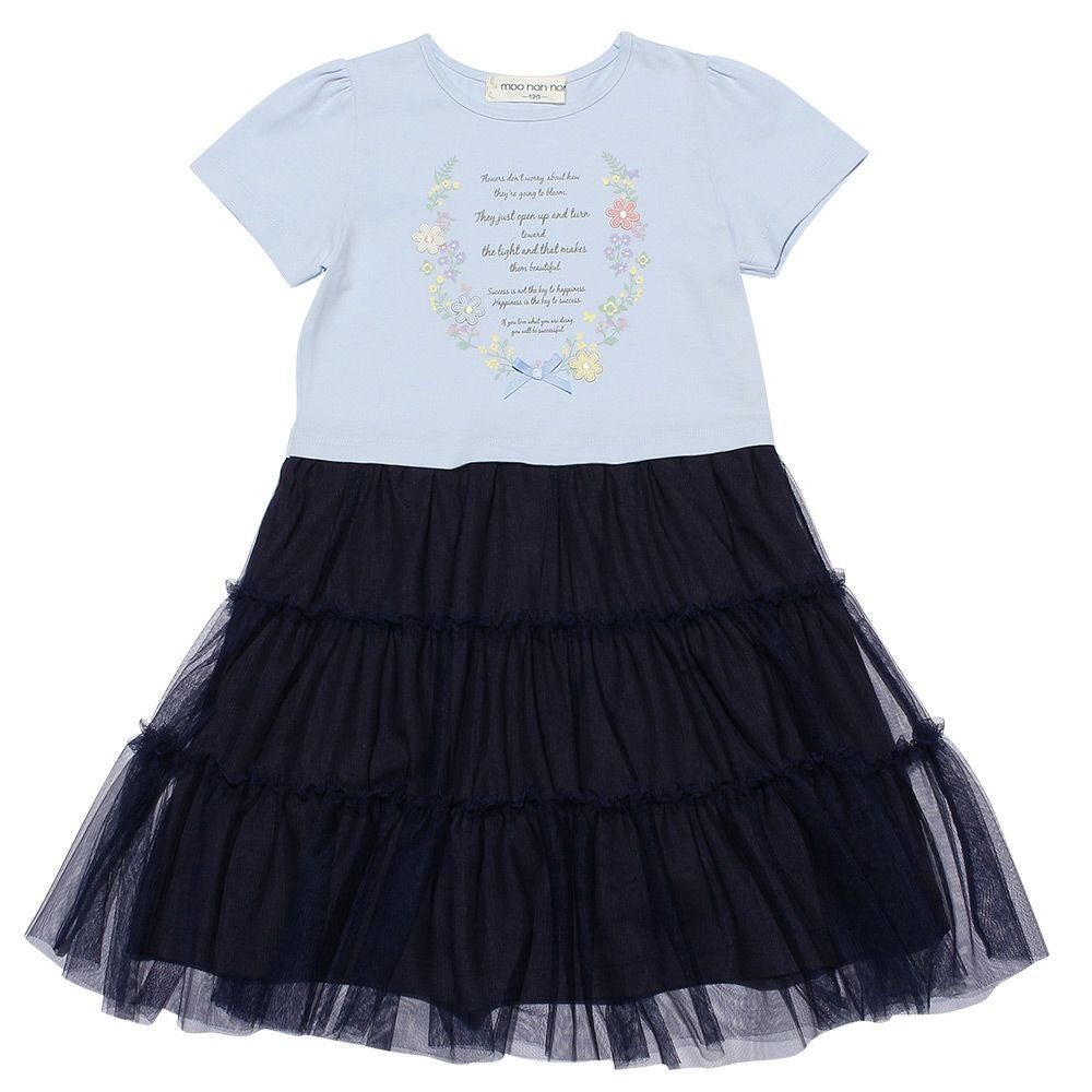 ベビー服 女の子 お花プリントチュールドッキングワンピース ブルー(61) 正面