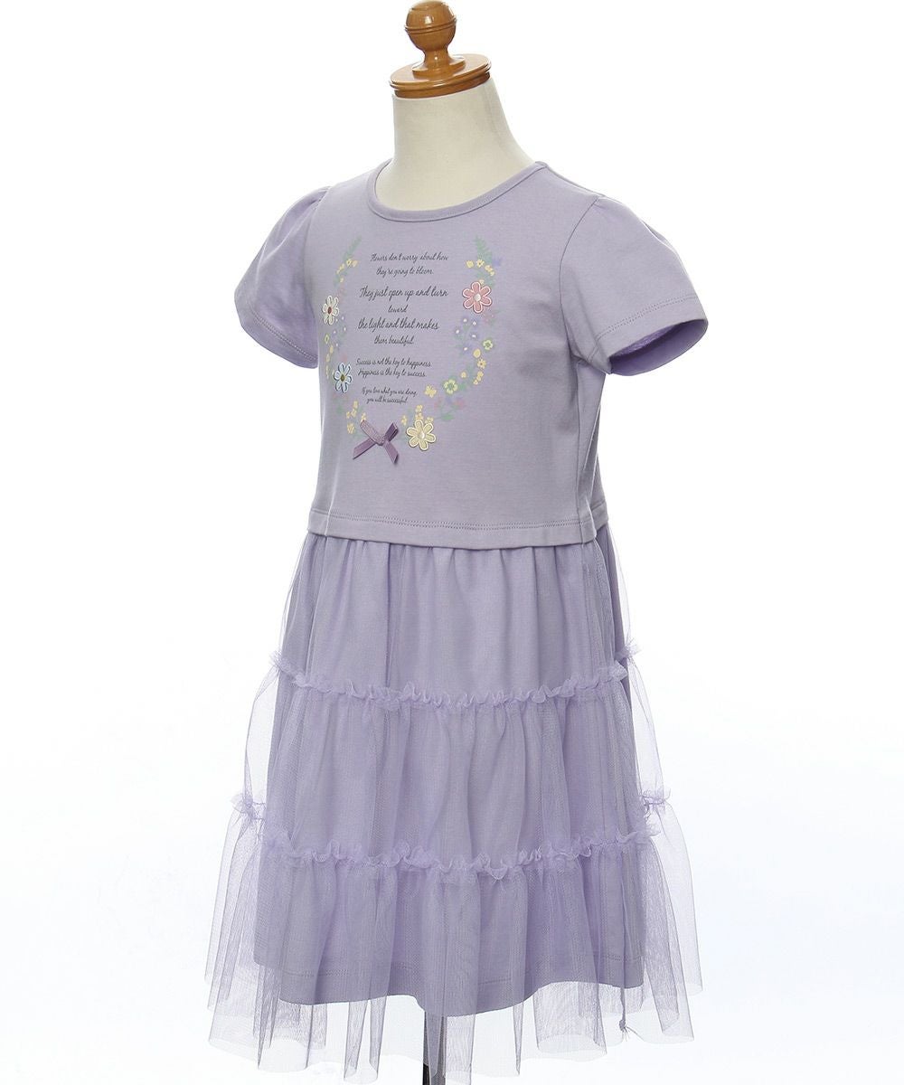 ベビー服 女の子 お花プリントチュールドッキングワンピース パープル(91) トルソー斜め