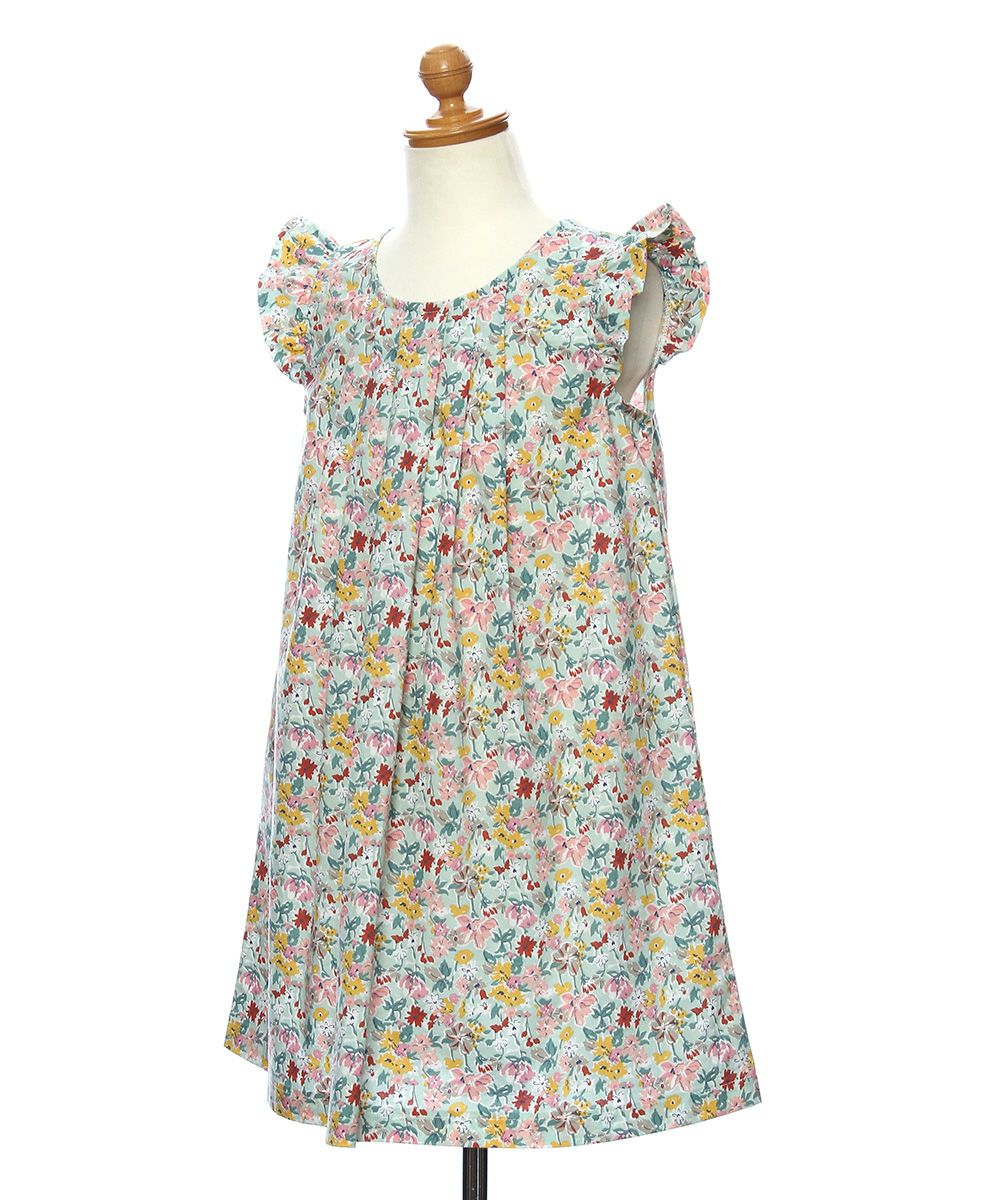 ベビー服 女の子 綿100％花柄ワンピース グリーン(08) トルソー斜め