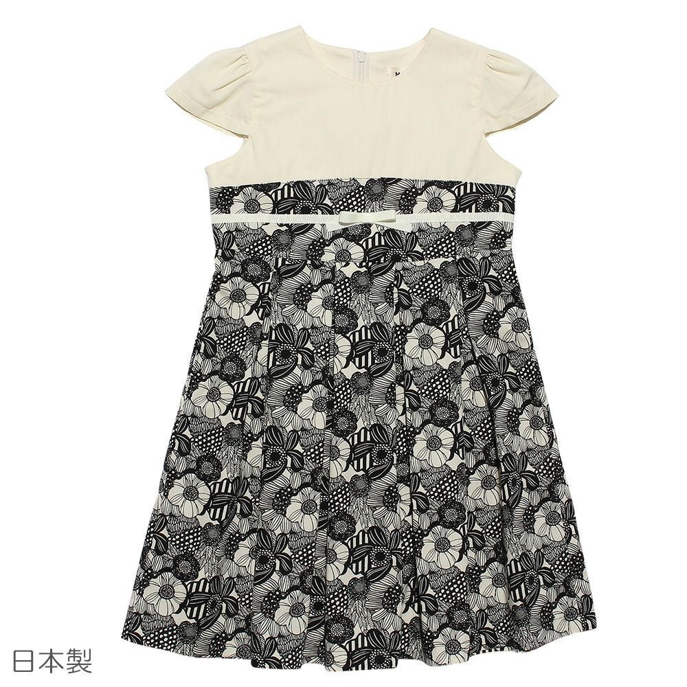 日本製リボンつき花柄タックワンピース