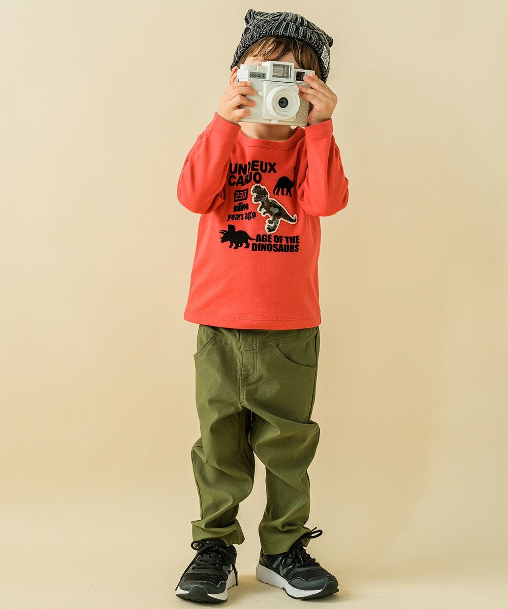ベビー服 男の子 綿１００％恐竜フロッキープリントTシャツ オレンジ(07) モデル画像1