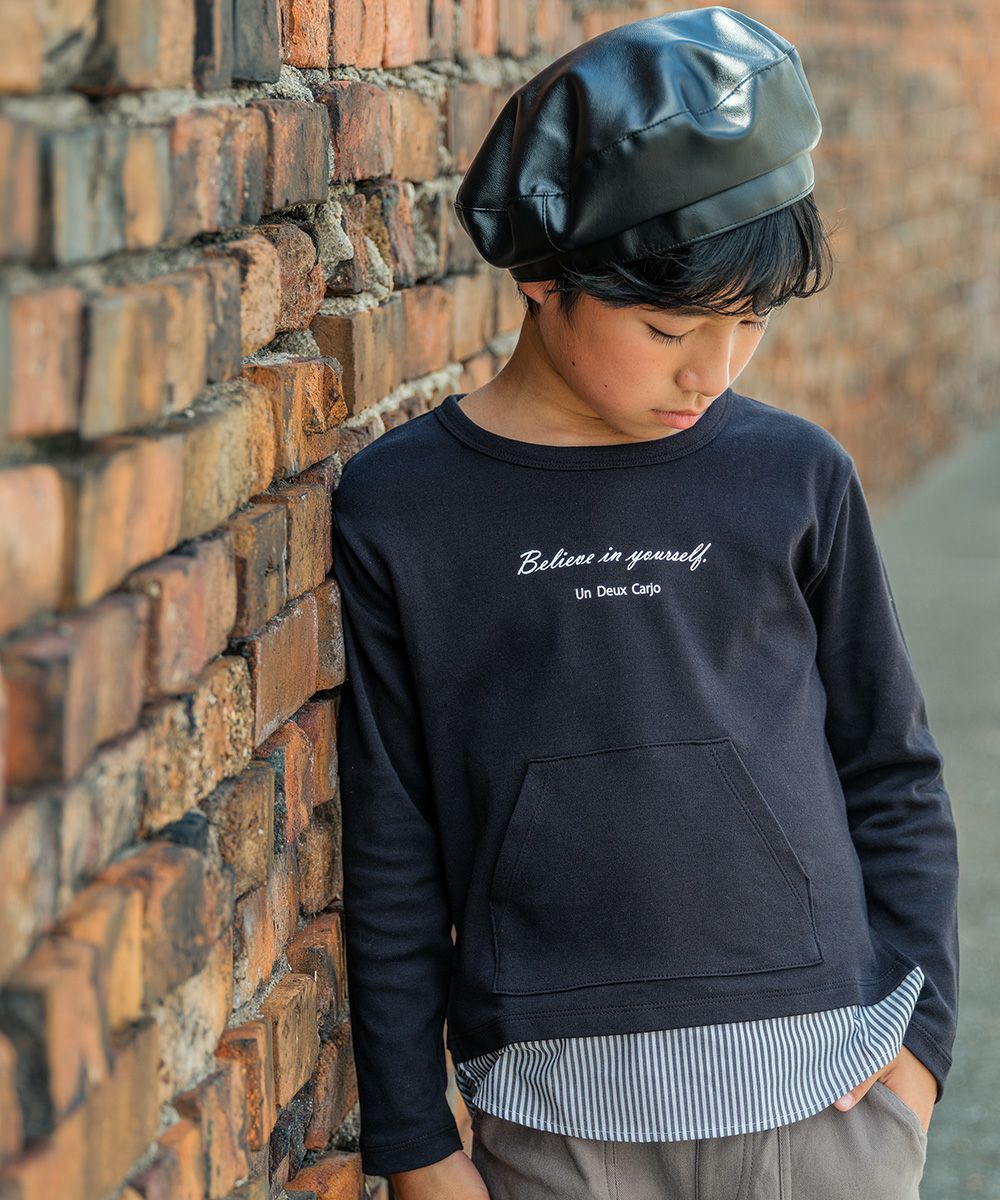 子供服 男の子 Tシャツ　レイヤード風　ポケット　文字入り　バックプリント　本体綿１００％ ブラック(00) モデル画像アップ