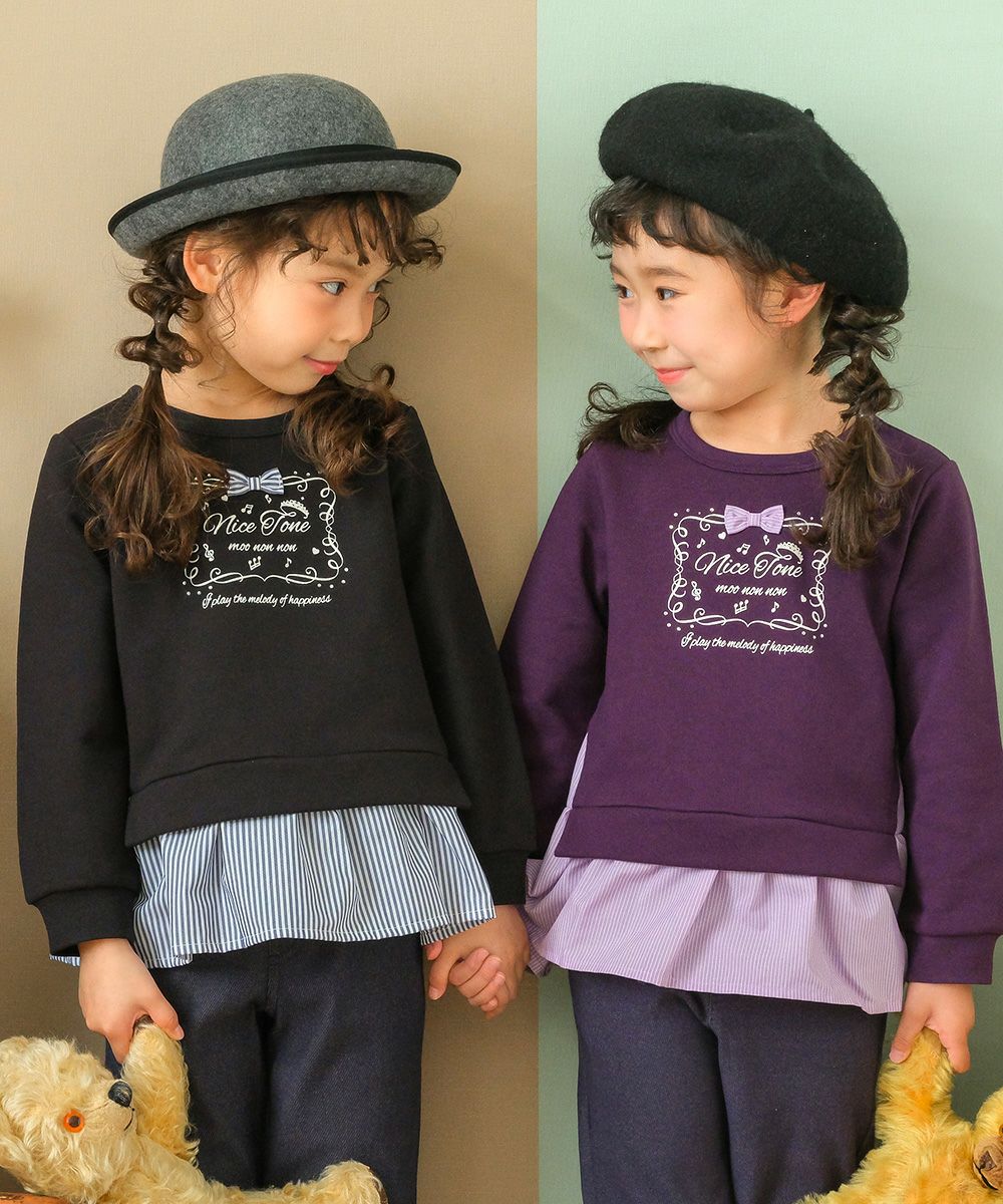 子供服 女の子 ロゴラメプリントリボンストライプ柄フリル裏毛トレーナー