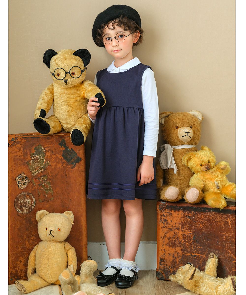 ベビー服 女の子 ダブルニットギャザーリボンAラインワンピース ネイビー(06) モデル画像全身