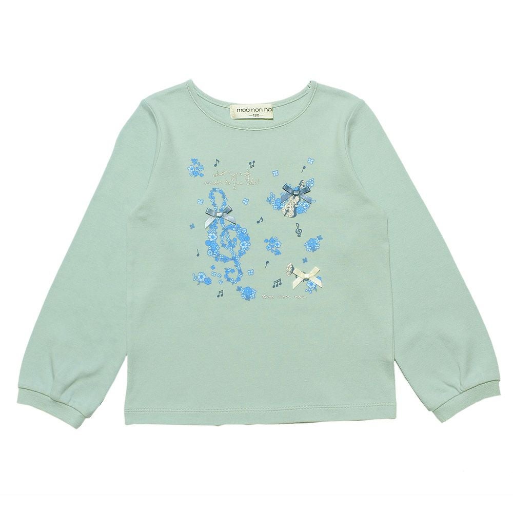 子供服 女の子 綿100％音符楽器お花プリントリボンつきTシャツ グリーン(08) 正面