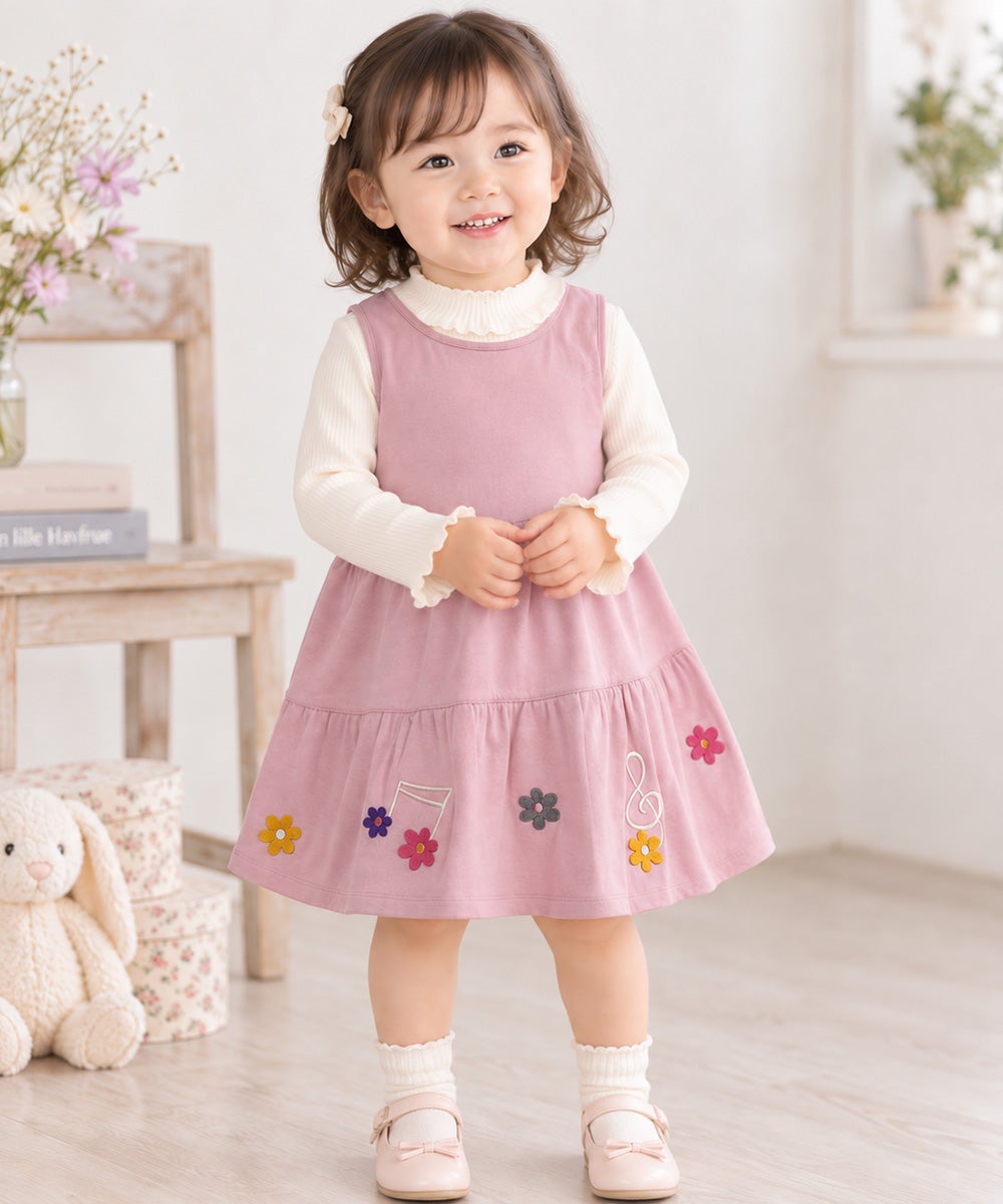 ベビー服 女の子 花アップリケ音符刺繍Aラインワンピース ピンク(02) モデル画像全身