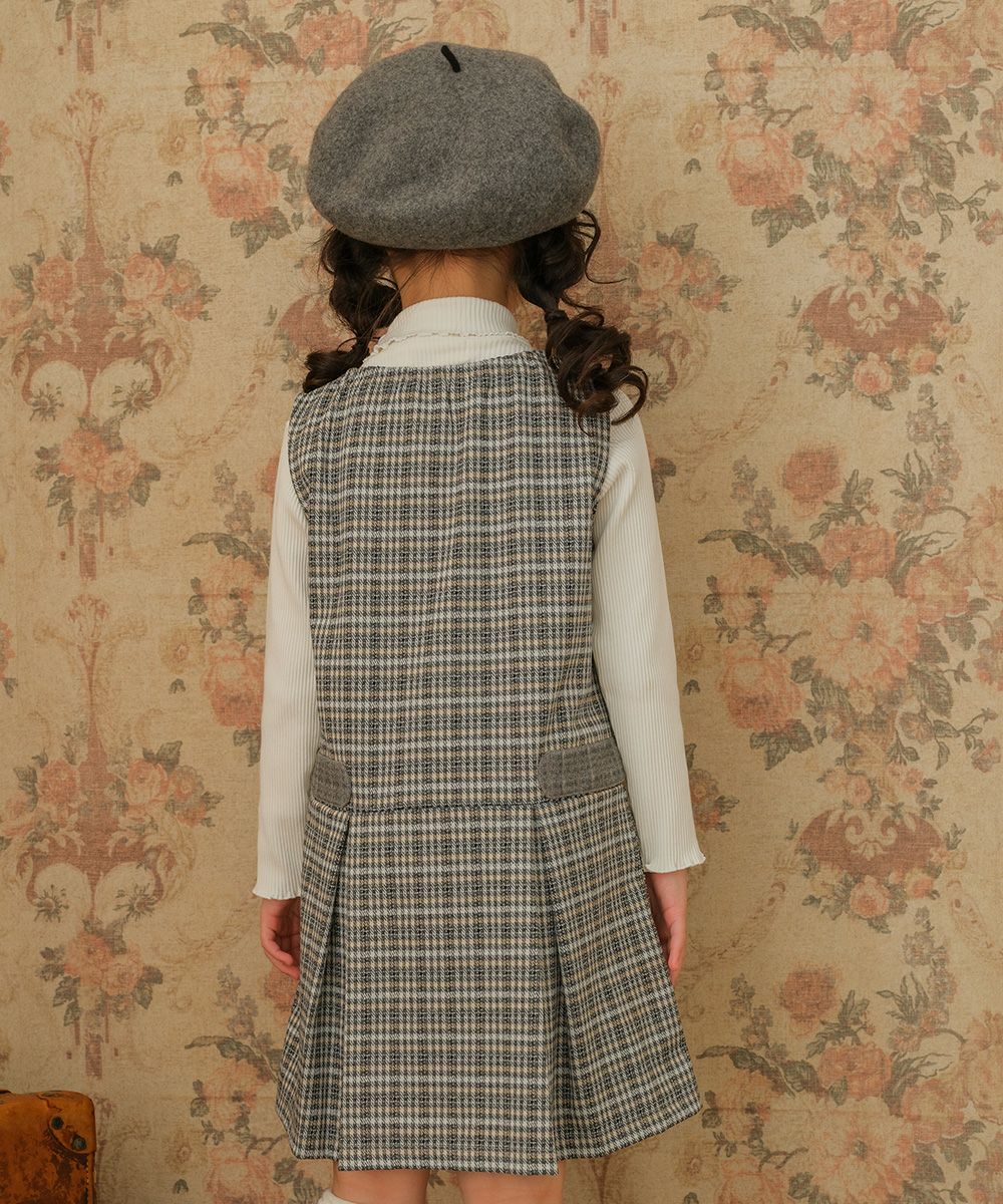 ベビー服 女の子 チェック柄リボンつきプリーツAラインワンピース グレー(09) モデル画像2