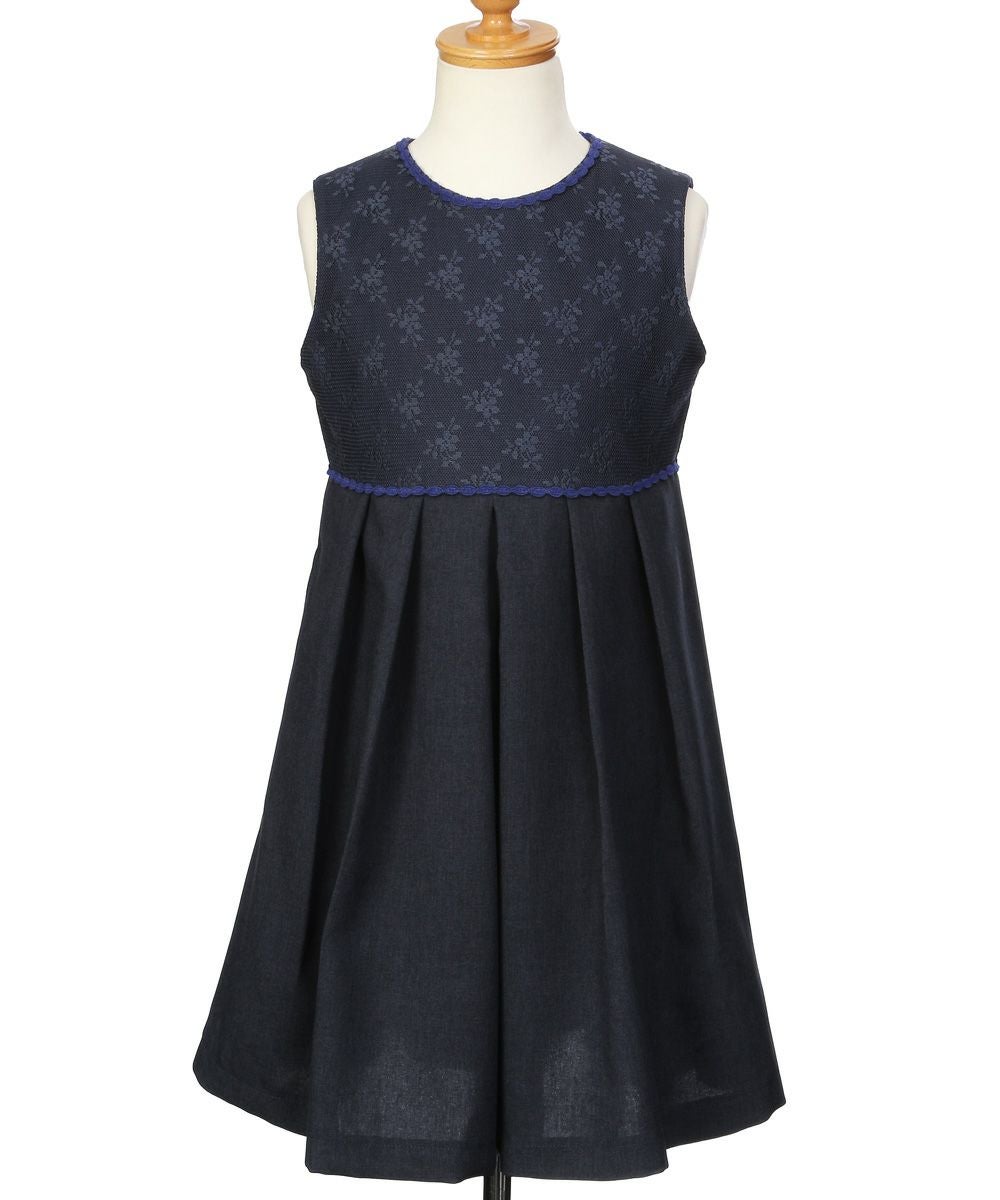 子供服 女の子 発表会 結婚式 花柄 レース タックワンピース ネイビー(06) トルソー正面