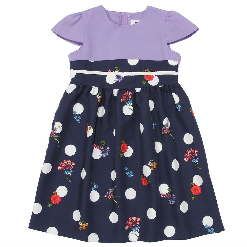 子供服 女の子 花柄 リボン ギャザー ワンピース ネイビー(06) 正面