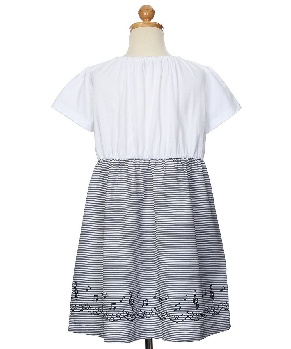 ベビー服 女の子 襟付き 音符 プリント リボン ドッキングワンピース ネイビー(06) トルソー背面