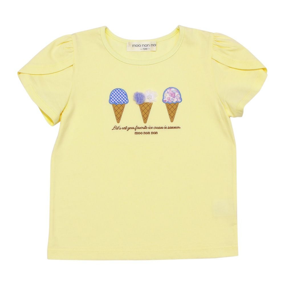 ベビー服 女の子 綿100％ チューリップ袖 刺繍 ロゴ 花 アイスクリーム Tシャツ イエロー(04) 正面