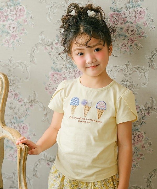 ベビー服 女の子 綿100％ チューリップ袖 刺繍 ロゴ 花 アイスクリーム Tシャツ イエロー(04)