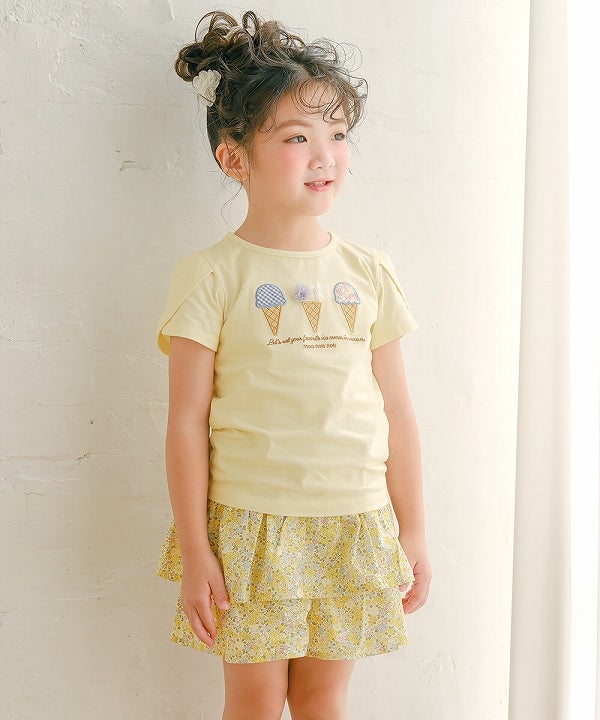 ベビー服 女の子 綿100％ チューリップ袖 刺繍 ロゴ 花 アイスクリーム Tシャツ イエロー(04)