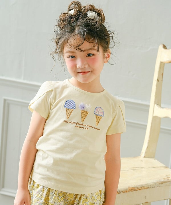 ベビー服 女の子 綿100％ チューリップ袖 刺繍 ロゴ 花 アイスクリーム Tシャツ イエロー(04)