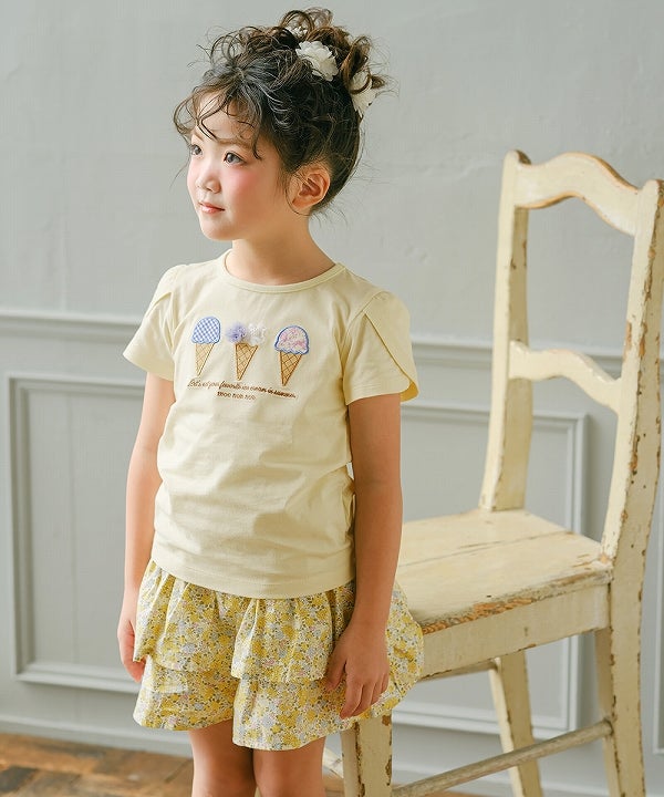 ベビー服 女の子 綿100％ チューリップ袖 刺繍 ロゴ 花 アイスクリーム Tシャツ イエロー(04)