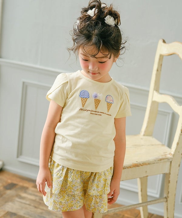 ベビー服 女の子 綿100％ チューリップ袖 刺繍 ロゴ 花 アイスクリーム Tシャツ イエロー(04)