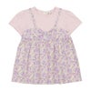 ベビー服 女の子 綿100％ オリジナル 花柄 プリント リボン 重ね着風 Aライン Tシャツ ピンク(02) 正面