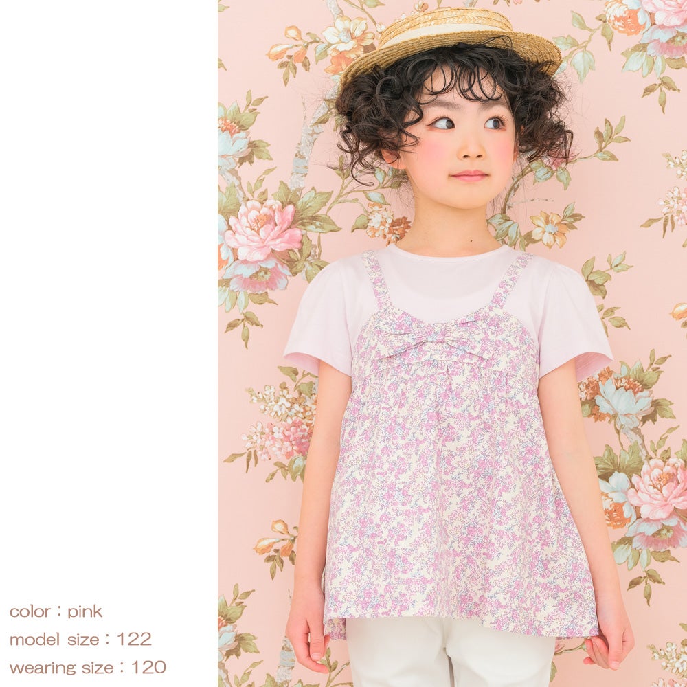 ベビー服 女の子 綿100％ オリジナル 花柄 プリント リボン 重ね着風 Aライン Tシャツ