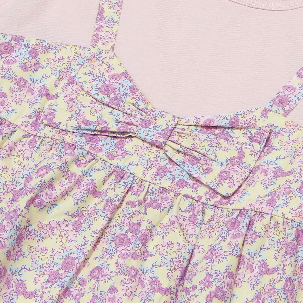 ベビー服 女の子 綿100％ オリジナル 花柄 プリント リボン 重ね着風 Aライン Tシャツ ピンク(02) デザインポイント1