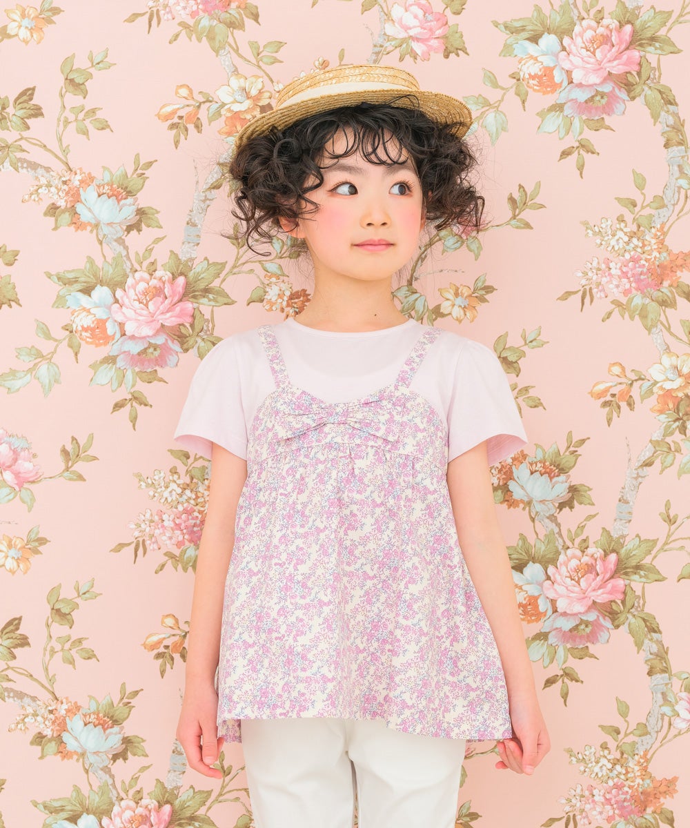 ベビー服 女の子 綿100％ オリジナル 花柄 プリント リボン 重ね着風 Aライン Tシャツ