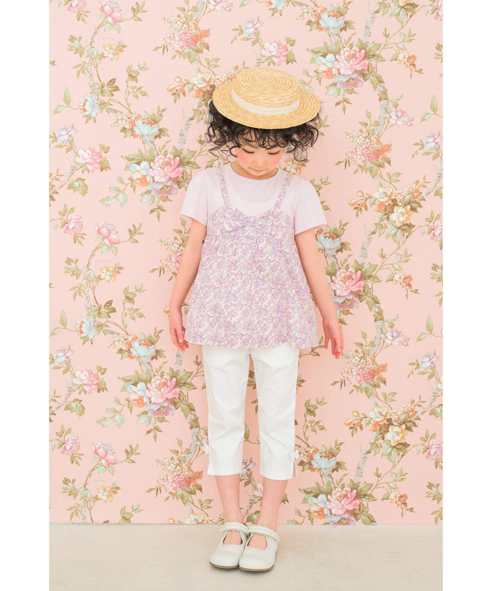 ベビー服 女の子 綿100％ オリジナル 花柄 プリント リボン 重ね着風 Aライン Tシャツ