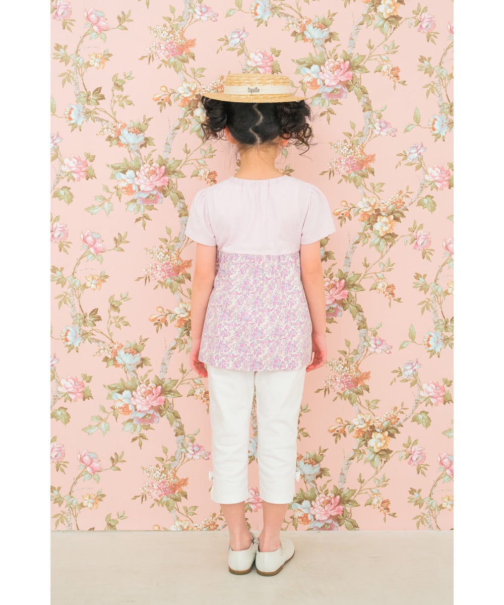 ベビー服 女の子 綿100％ オリジナル 花柄 プリント リボン 重ね着風 Aライン Tシャツ