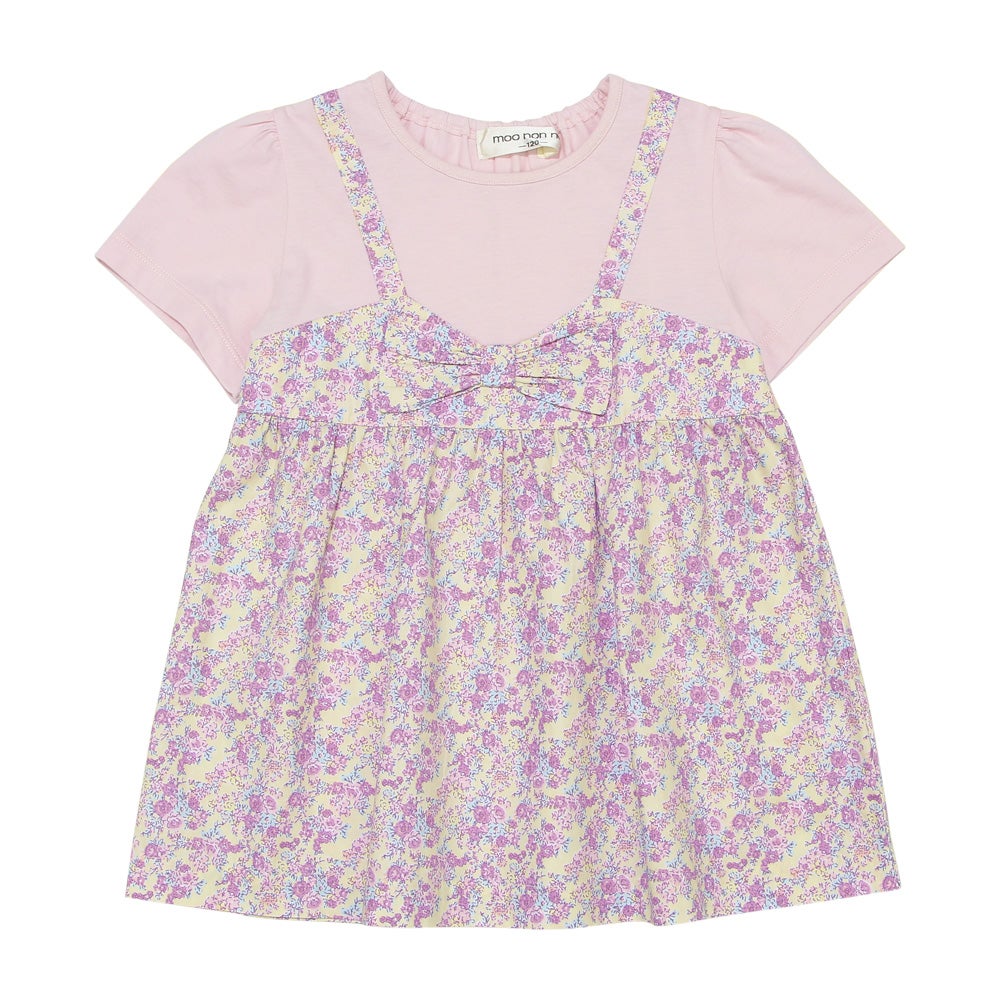 ベビー服 女の子 綿100％ オリジナル 花柄 プリント リボン 重ね着風 Aライン Tシャツ