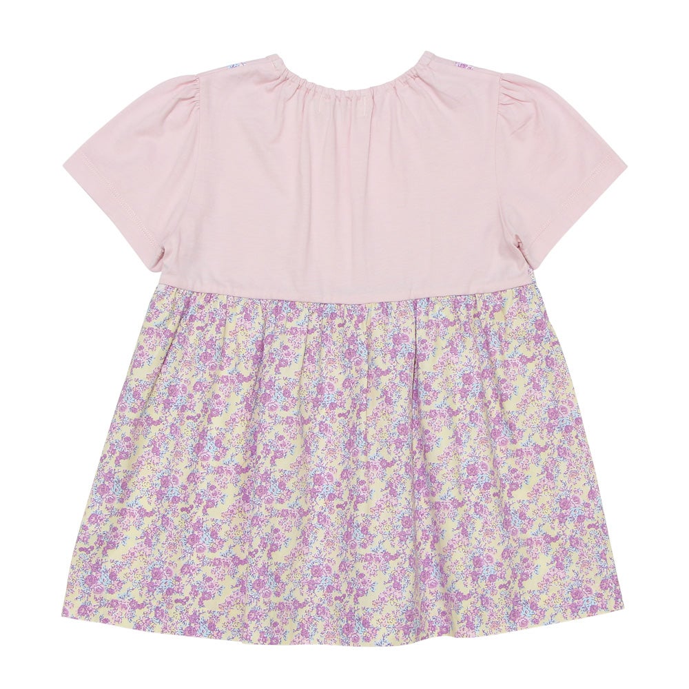 ベビー服 女の子 綿100％ オリジナル 花柄 プリント リボン 重ね着風 Aライン Tシャツ