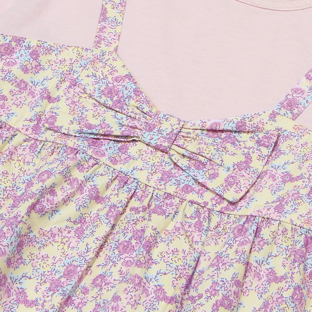 ベビー服 女の子 綿100％ オリジナル 花柄 プリント リボン 重ね着風 Aライン Tシャツ