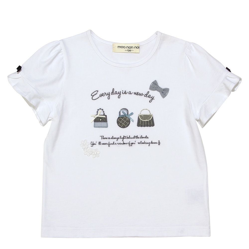 ベビー服 女の子 綿100％ バッグ刺繍 リボン 花モチーフ Tシャツ オフホワイト(11) 正面