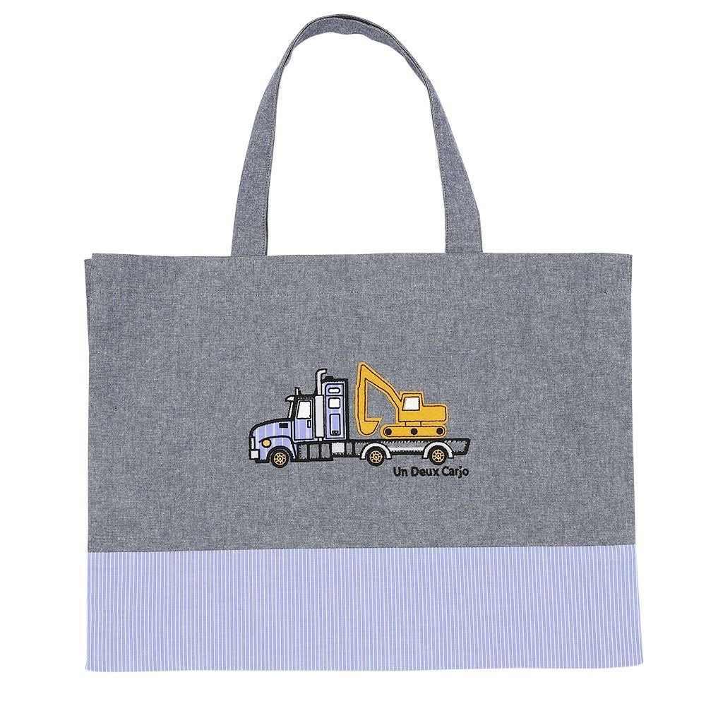 子供服 男の子 はたらく車 ストライプ ダンガリー レッスンバッグ マチ付き ネイビー(06) 正面