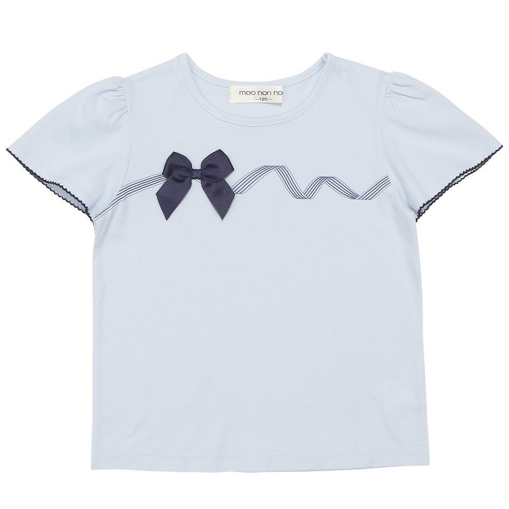 子供服 女の子 綿100％ リボンつき レース プリント Tシャツ ブルー(61) 正面