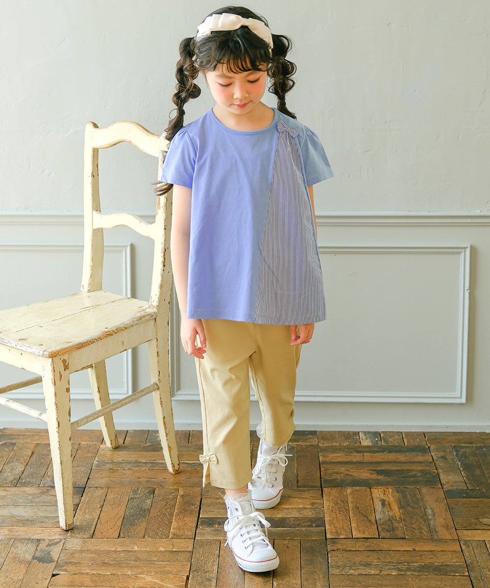 子供服 女の子 リボンつき ストライプ柄 切り替え Aライン Tシャツ ブルー(61) モデル画像