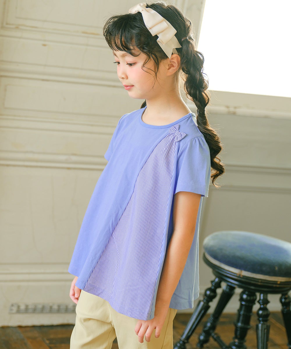子供服 女の子 リボンつき ストライプ柄 切り替え Aライン Tシャツ ブルー(61) モデル画像