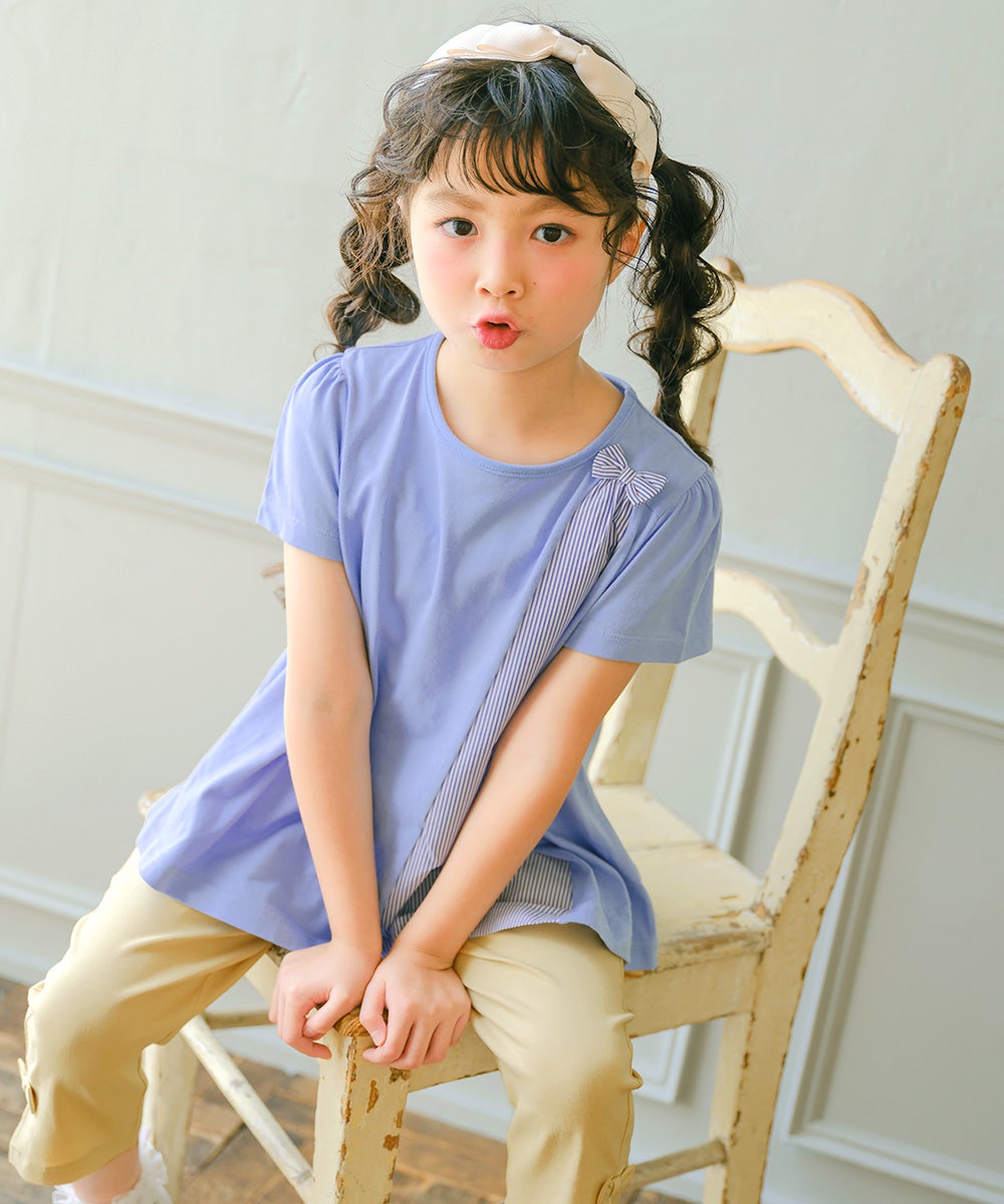 子供服 女の子 リボンつき ストライプ柄 切り替え Aライン Tシャツ ブルー(61) モデル画像
