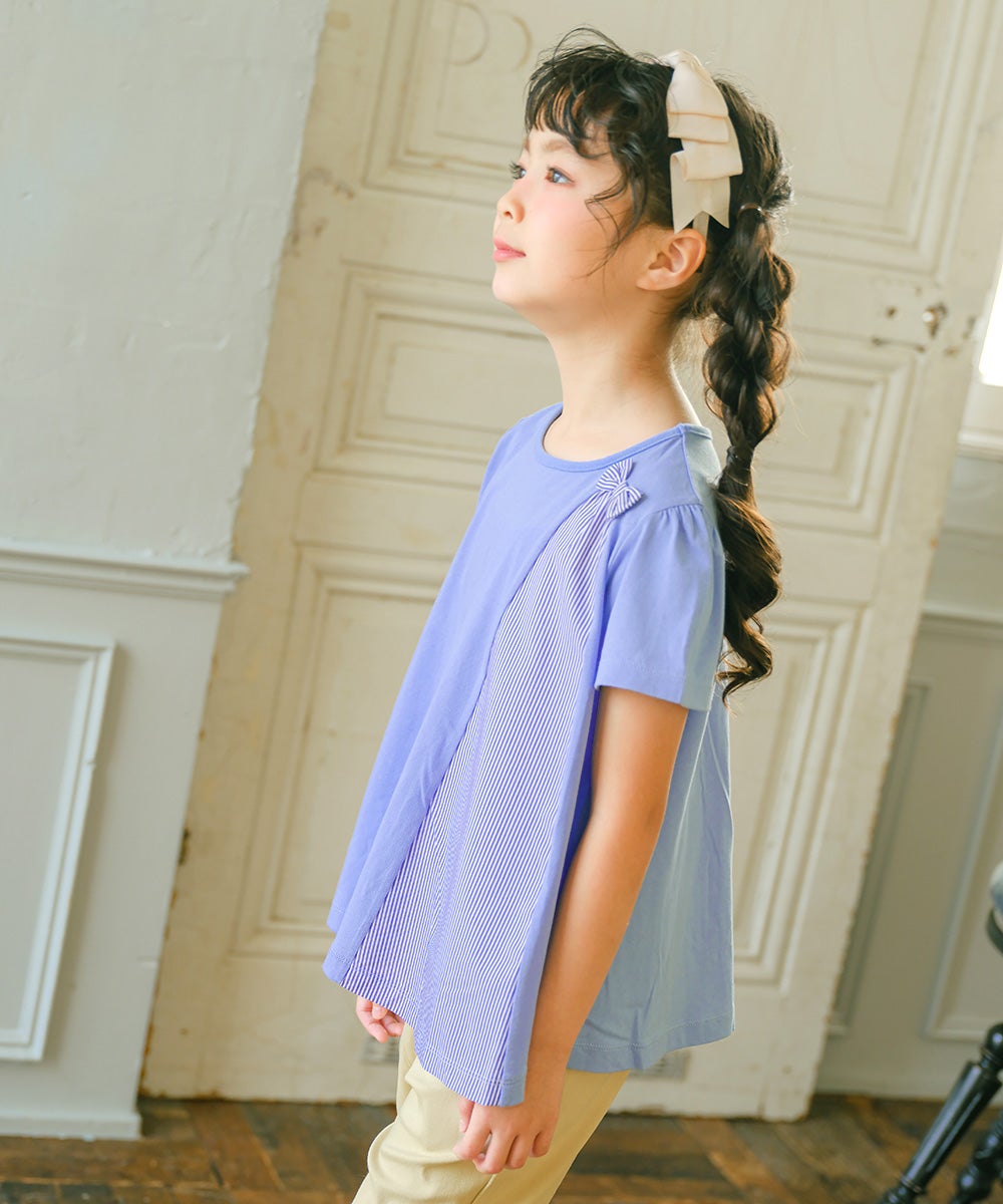 子供服 女の子 リボンつき ストライプ柄 切り替え Aライン Tシャツ ブルー(61) モデル画像