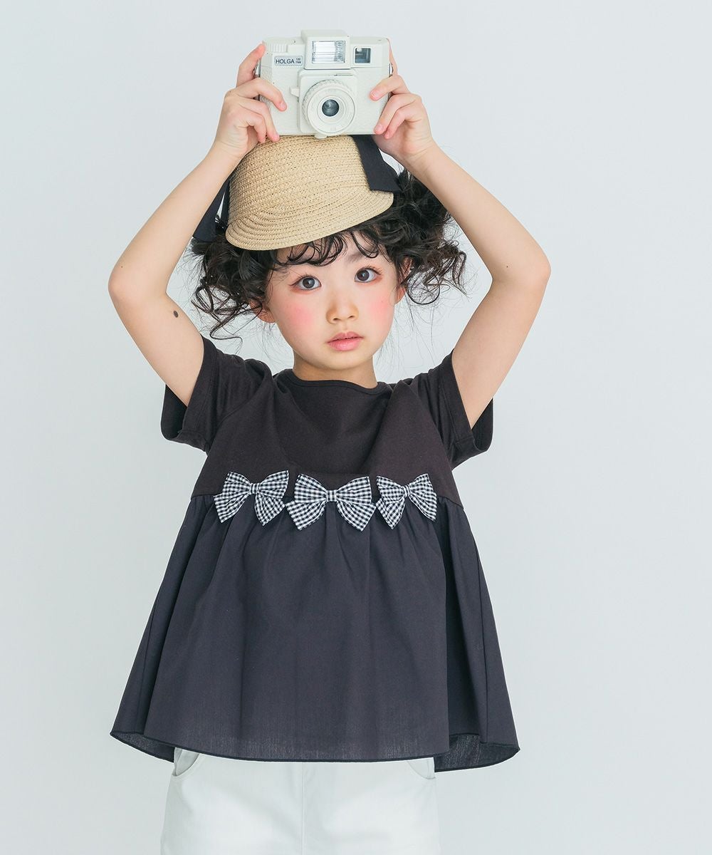 子供服 女の子 ギンガムチェック リボン ギャザー 切り替え Tシャツ ブラック(00) モデル画像1