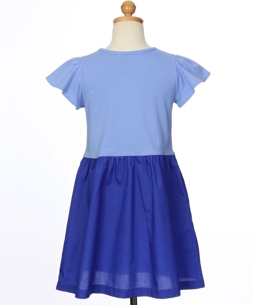 子供服 女の子 貝殻 帽子 ロゴ プリント フレアースリーブ ドッキングワンピース ブルー(61) トルソー背面