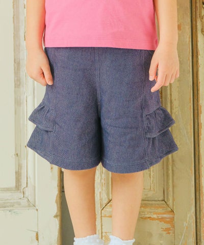 子供服 女の子 ストレッチ デニムニット フリルつき キュロットパンツ