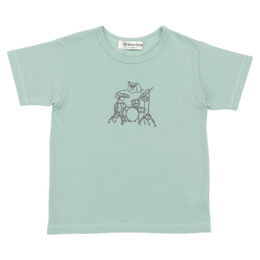 子供服 男の子 綿100％ くま ドラム プリント Tシャツ グリーン(08) 正面