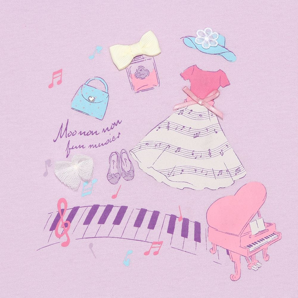 ベビー服 女の子 綿100％ ピアノ 音符 プリント リボンつき Tシャツ パープル(91) デザインポイント1