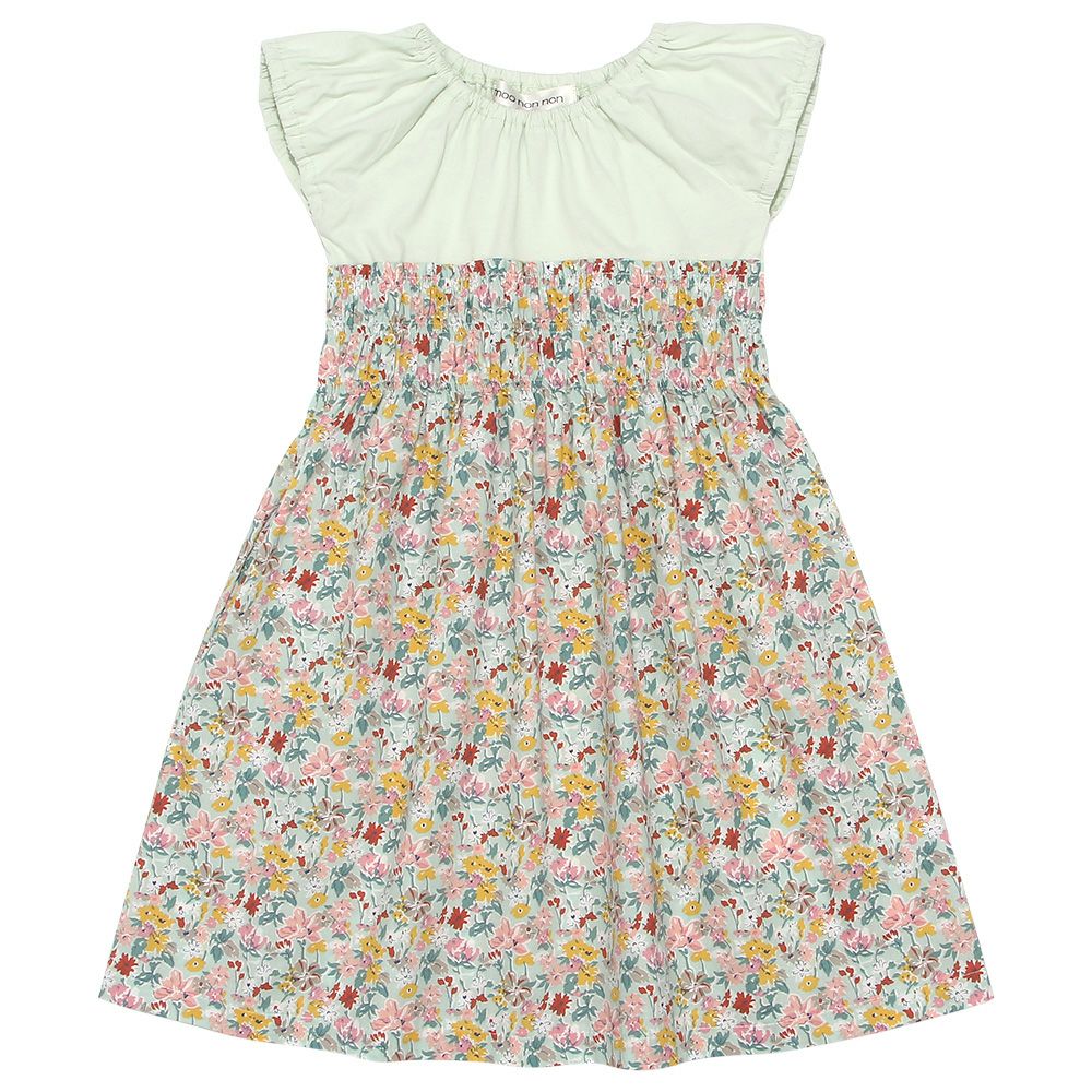 子供服 女の子 綿100％ 花柄 ギャザー ドッキングワンピース グリーン(08) 正面