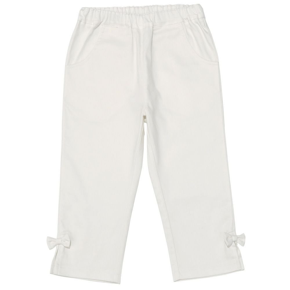 子供服 女の子 ストレッチツイル リボン 7分丈 クロップドパンツ オフホワイト(11) 正面 カプリパンツ