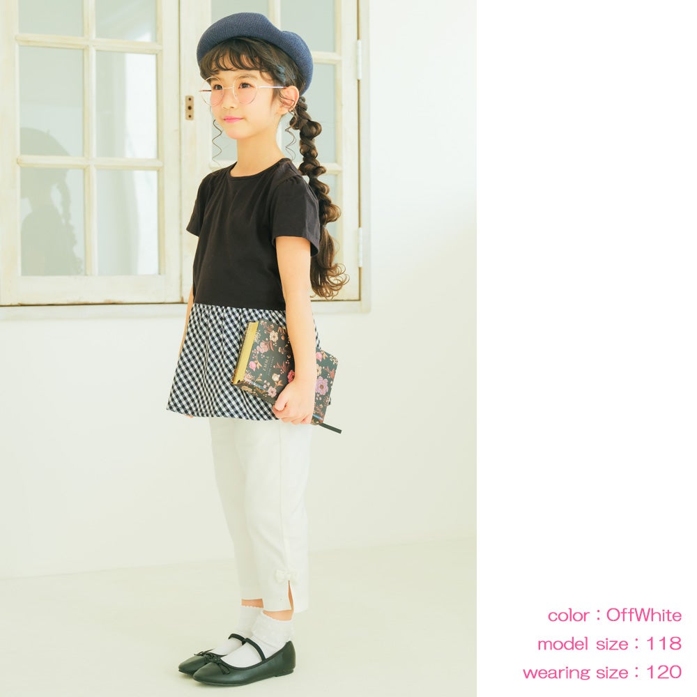 子供服 女の子 ストレッチツイル リボン 7分丈 クロップドパンツ カプリパンツ
