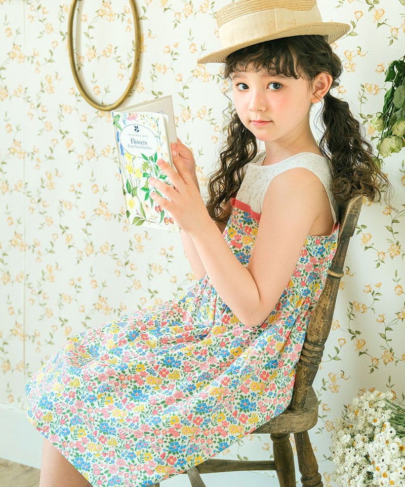 日本製 リバティプリント使用 リボン 花柄 レースワンピース