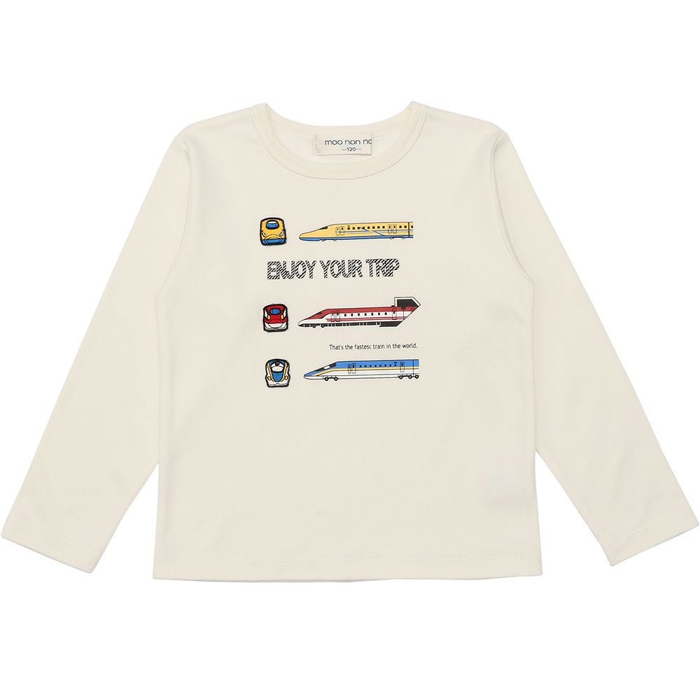 ベビー服 男の子 綿100％ 電車 乗り物プリント ワッペン　Tシャツ オフホワイト(11) 正面