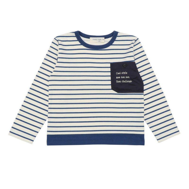 綿100％ ボーダー柄ロゴ刺繍ポケット Tシャツ
