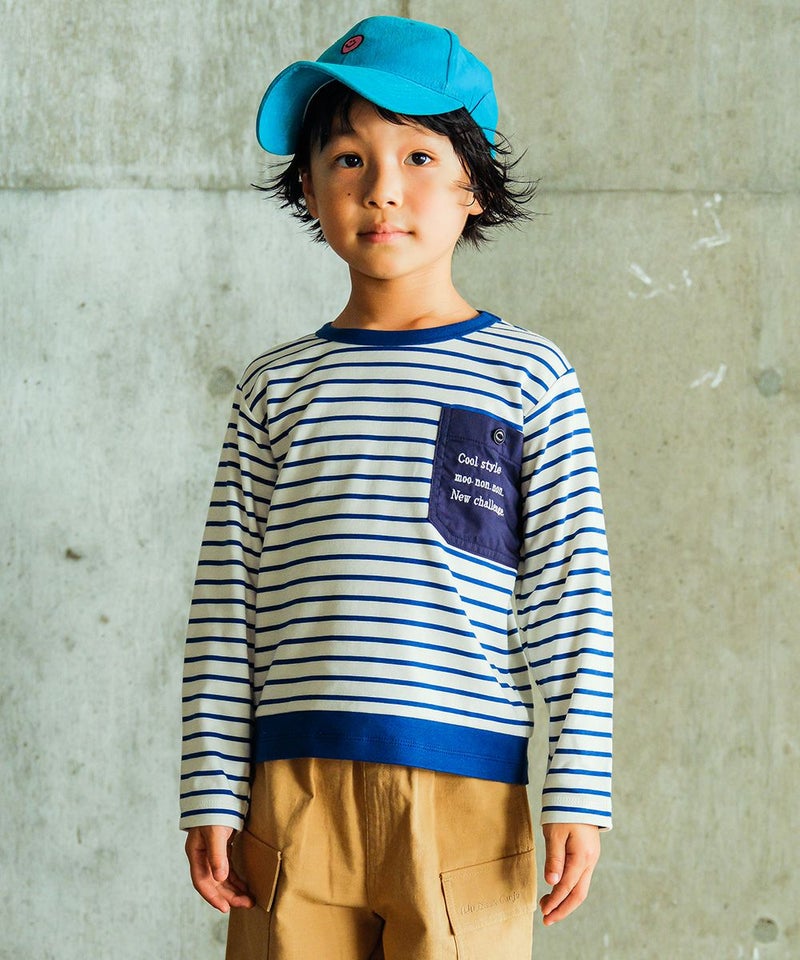 綿100% ボーダー柄ロゴ刺繍ポケット Tシャツ